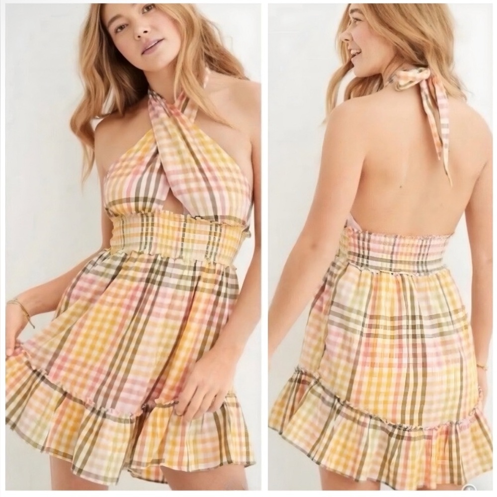 NWT Aerie Plaid Halter/Crossover Mini Dress Size M